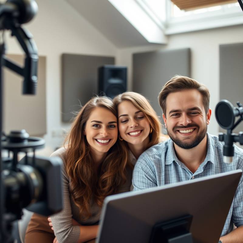 Foto de clientes sorrindo e trabalhando juntos no estúdio de gravação